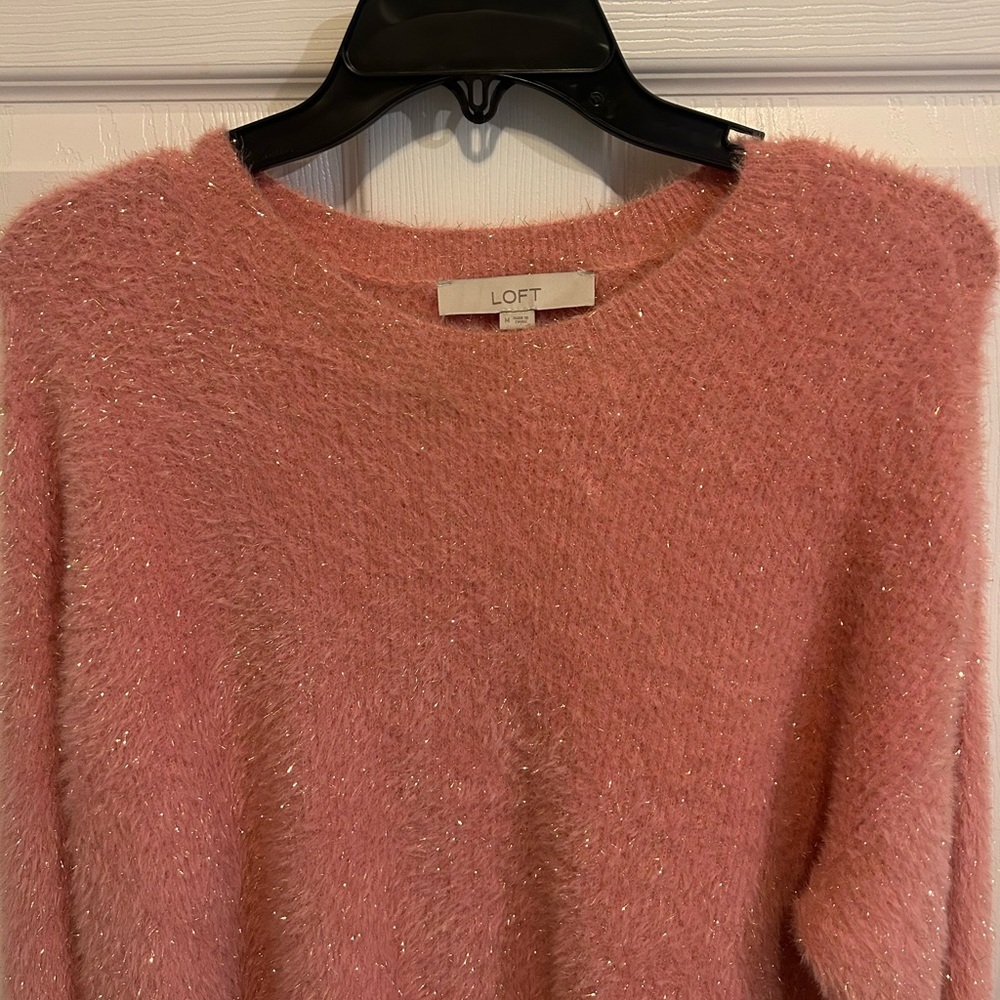 LOFT Fuzzy Pink Crew Neck Sweater